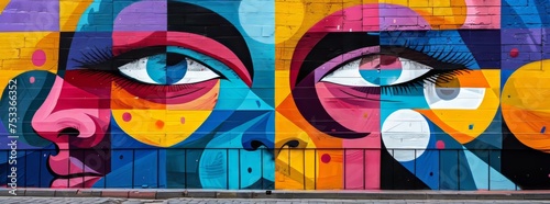 Vivid street art mural featuring abstract eyes and colorful geometric patterns on a city wall.