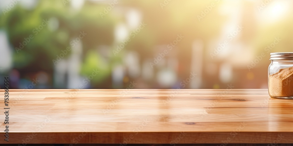 Blur kitchen window background with empty wooden table for panoramic banner.