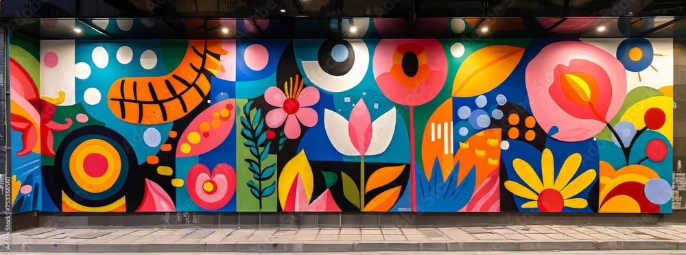 Colorful urban mural with playful botanical and abstract shapes, evoking a lively and whimsical atmosphere.