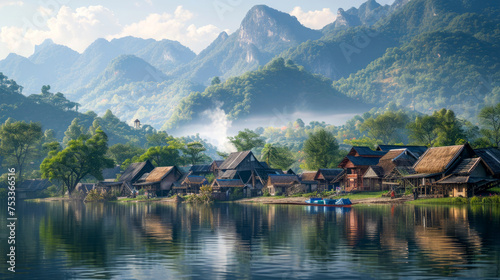 Quaint Village Life Amidst Majestic Mountains 🏡🏞️ | Digital Illustration of Serene Rustic Homes and Tranquil River Views