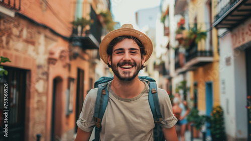 Joyful male traveler exploring quaint alleys in a colorful old town of Spain, exuding wanderlust and adventure.