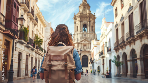 Back view of a female traveler with a backpack admiring the historic cathedral while exploring the charming streets of Spain. © RicardoLuiz