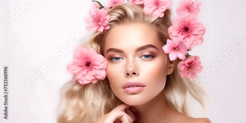 Beauty Art blonde girl with pink flowers in lush hair and professional makeup, on a studio white background with copy space. The concept of natural cosmetics and cosmetology.