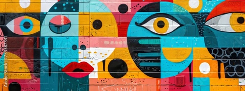 Colorful urban mural with bold abstract facial features and playful patterns on a graffiti wall.