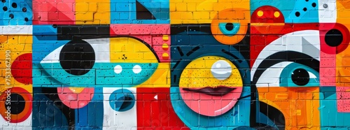 Colorful urban mural with bold abstract facial features and playful patterns on a graffiti wall.