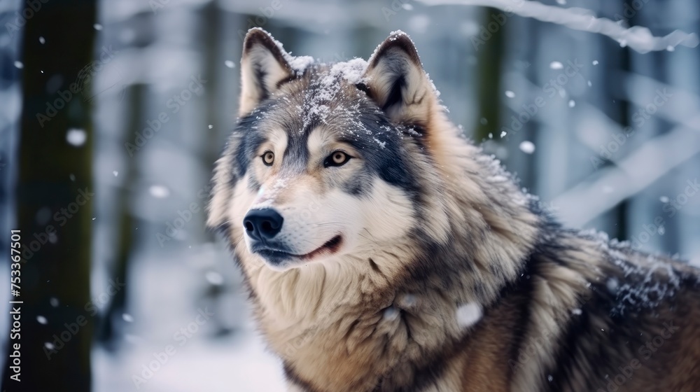 Portrait of a wolf in the winter forest