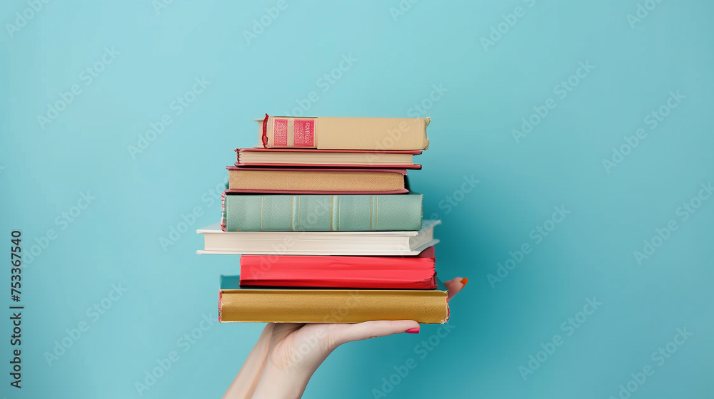 Colorful Stack of Books Held in Hand Against Blue Background