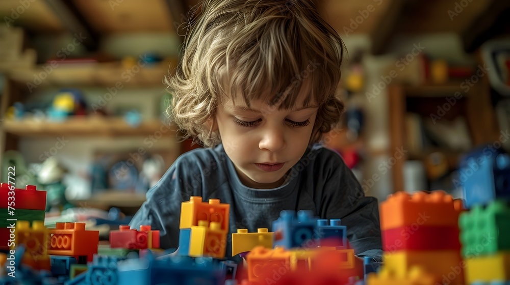 A Boy Playing with Colorful Blocks in His Room A Boy Playing with Colorful Blocks in His Room