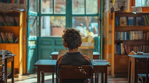 A Boy Deep in Thought Engrossed in a Book and Music in an Abandoned Classroom