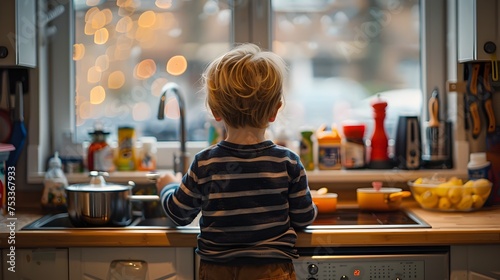 A Young Boy Looking at Fireworks from a Kitchen Window