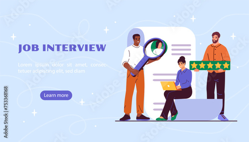 Job interview poster. Men and woman with laptop, ranking and magnifying glass. Human resources and Curriculum Vitae. HR managers team. Landing webpage design. Cartoon flat vector illustraton