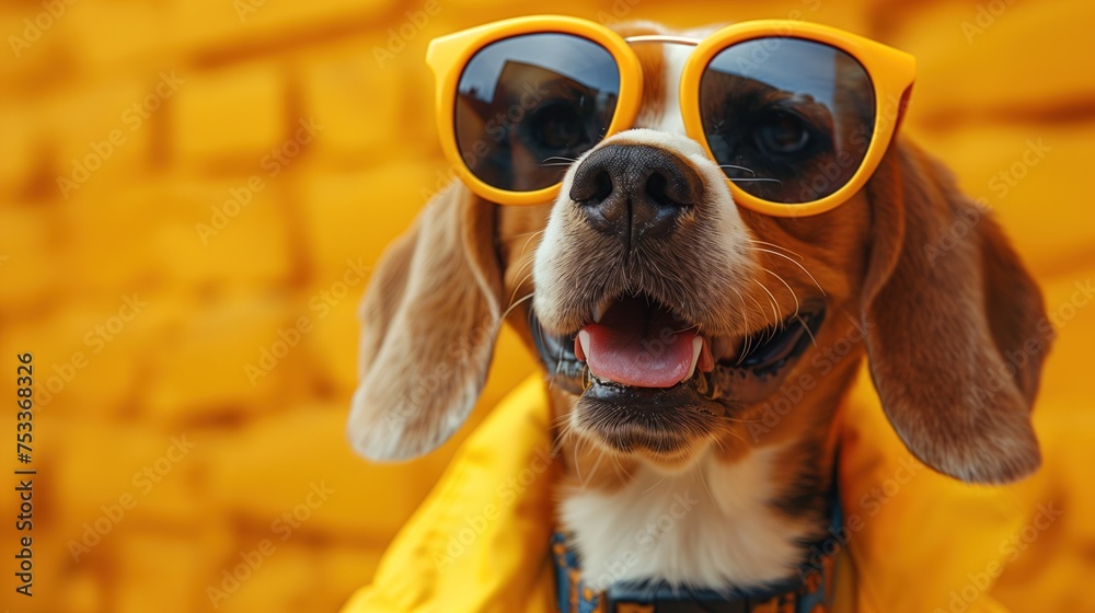 Portrait of a beagle dog wearing headphones and sunglasses