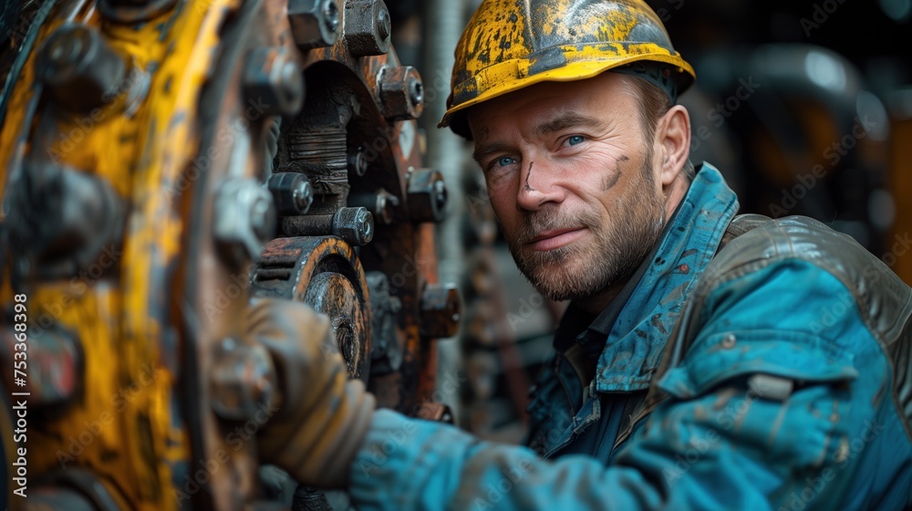 Hydraulic pipe repairman in drilling machine, man working hard in industry Hydraulic pipe repairman in drilling machine, man working hard in industry