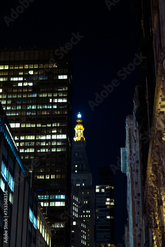 New York City streets, architecture and people at night
