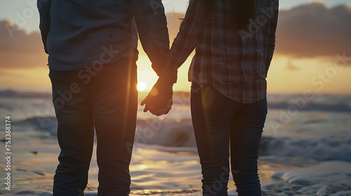 Casal feliz na praia ao pôr do sol de mãos dadas contemplando o oceano em closeup photo