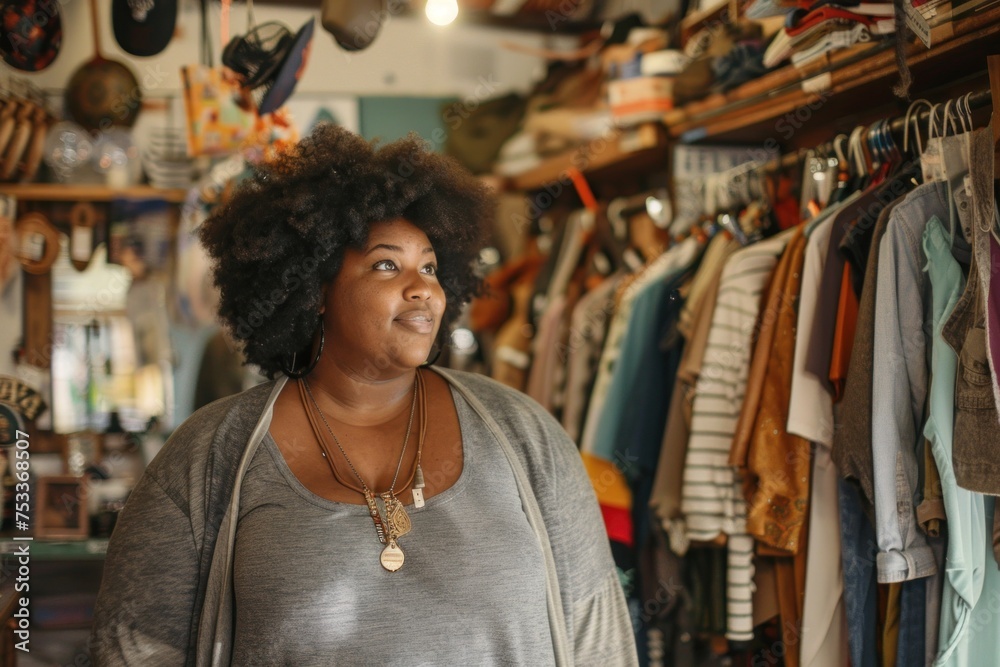 Woman browsing clothes in a vintage shop with various items in the background. a plus-size African American woman in a vintage shop