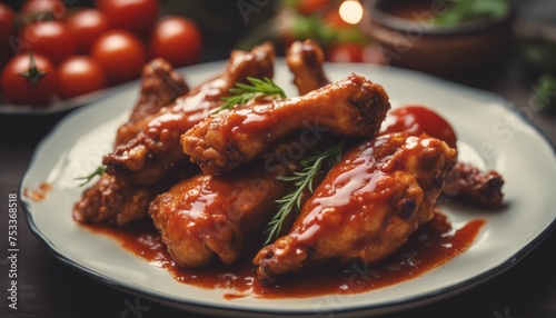 view of Baked chicken wings in the Asian style and tomatoes sauce on plate