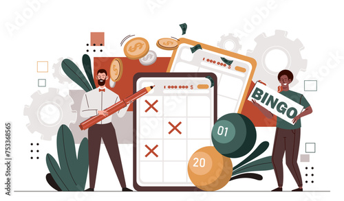 Lottery bingo game. Men with balls with numbers and pencil. Game for luck and fortune. Prizes and awards for winner. Cartoon flat vector illustration isolated on white background