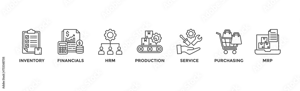 ERP banner web icon vector illustration concept for enterprise resource planning with icon of inventory, financials, hrm, production, service, purchasing, and mrp ERP banner web icon vector illustration concept for enterprise resource planning with icon of inventory, financials, hrm, production, service, purchasing, and mrp