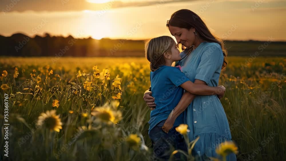 mother and child are hugging in the field mother and child are hugging in the field