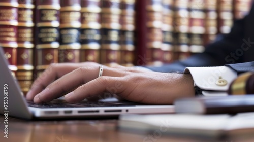 A closeup of a lawyers hands typing away on a laptop as they crossreference information from multiple taxation law textbooks. photo