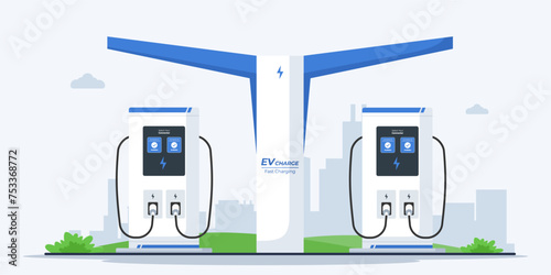 vector illustration concept of a charging station for electric vehicles with a city silhouette in the background. Alternative power. Vector green energy technology