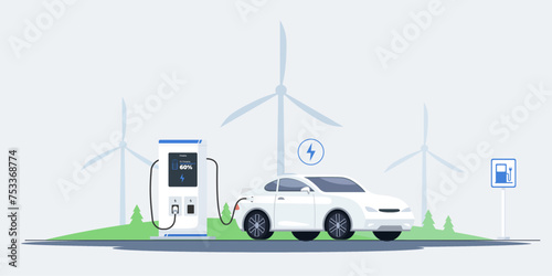 vector illustration of a white colored electric car charging at a charging station with three wind turbine silhouettes in the background. charging station sign. green energy concept illustration.