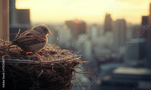 Urban sparrow in her nest, perched high on a ledge with a city view at golden hour sunrise background image