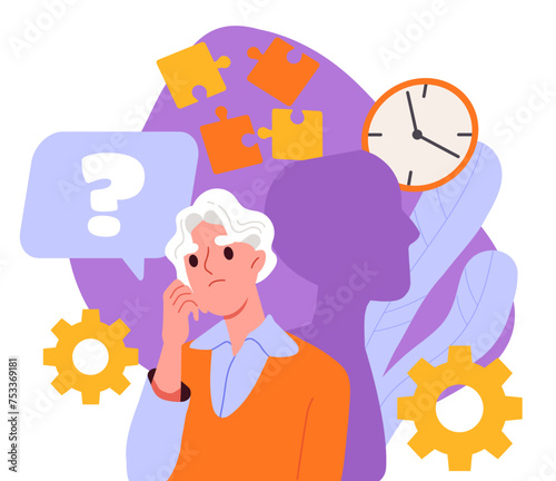 Woman with memory loss. Pensioner with brain diseases, alzheimer. Health care and treatment. Grandmother near silhouette of head and colorful puzzles. Cartoon flat vector illustration