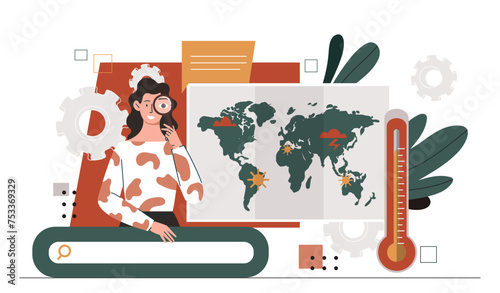 Woman with meteorology. Young girl with magnifying glass near world map. Climate changes. Meteorologist with weather forecasts. Cartoon flat vector illustration isolated on white background