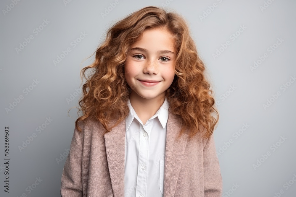 Portrait of a cute little girl with curly hair over grey background Portrait of a cute little girl with curly hair over grey background
