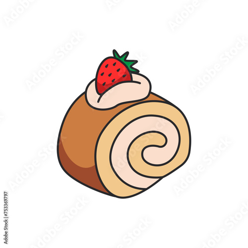 Cinnamon roll with strawberry icon in cartoon style on a white background
