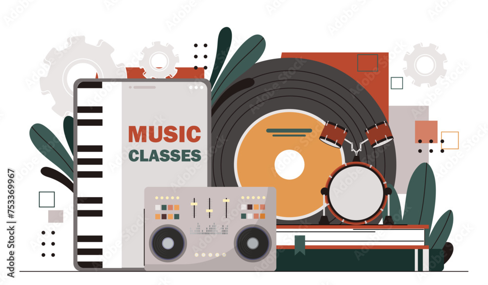 Music lessons online concept. Vinyl disc and piano keyboard, drums. Musical equipment for creativity and art. Poster or banner. Cartoon flat vector illustration isolated on white background