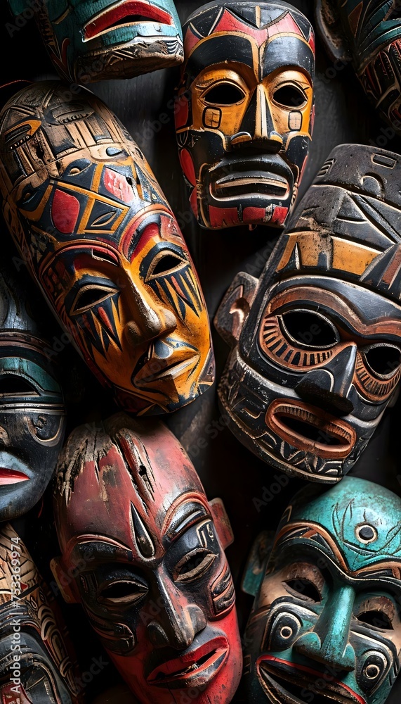 a group of african masks sitting next to each other a group of african masks sitting next to each other