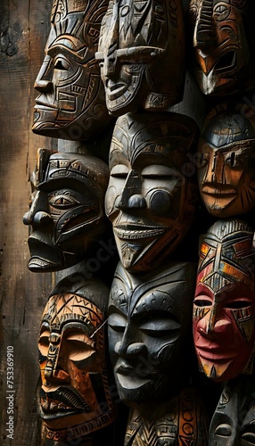 a group of wooden masks sitting on top of a wooden wall