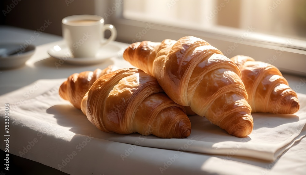 there are three croissants on a napkin on a table cinematic morning there are three croissants on a napkin on a table cinematic morning