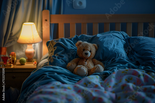 Generative AI Image of Cute Teddy Bear Lying on the Bed in Bedroom