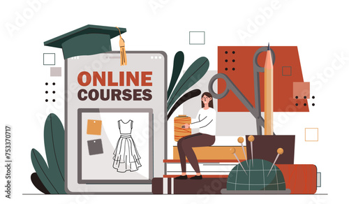 Online seamstress courses. Distant educaton. Student with needles and pins. Young girl in workshop or studio. Tailor and atelier. Cartoon flat vector illustration isolated on white background