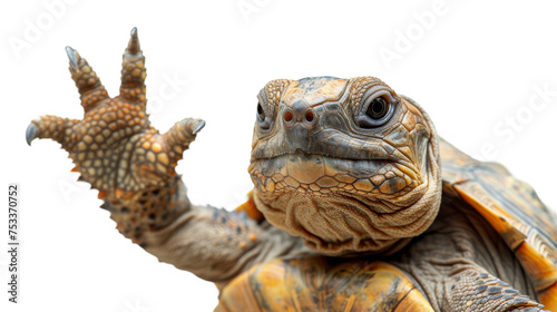 Detailed image of a tortoise mid-gesture as if waving hello with its claw, showcasing its textured skin and shell on a white background © Daniel