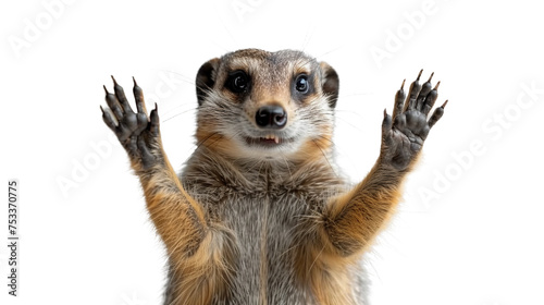 Charming meerkat stands on two feet with arms outstretched, looking playful and curious photo