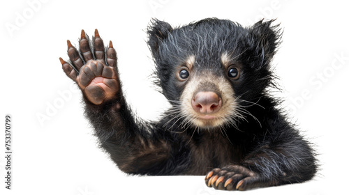 Cute and engaging image of a bear cub raising its paw as if waving at the viewer, isolated on a white background photo