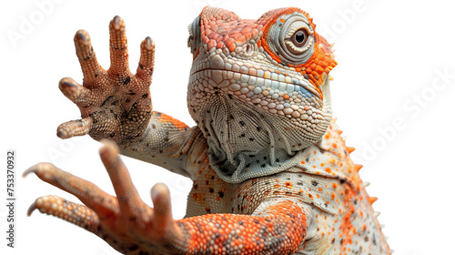 A gorgeously patterned iguana reaches out with its hand against a white backdrop  evoking exotic textures and patterns