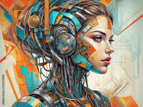 ai generative, female cyborg with mechanisms and wires in head, digital technological as a background photo