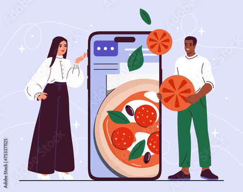 Online pizza tutorial. Man and woman near smartphone screen. Educational materials for cooks. Preparation of traditional italian food. Cartoon flat vector illustraton isolated on blue background