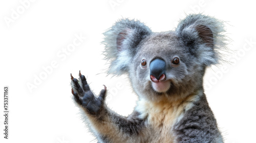 Adorable koala bear with a cheerful expression waving its paw  captured against a white backdrop  evoking a personable vibe