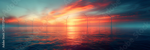 Wind Turbines. Offshore Wind Farm on a Hazy Afte ,
Sunset on sea background nature wallpaper with summer sea water sea texture calm sunrise on tropical
 photo