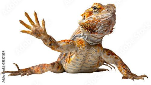 Detailed image of an exotic bearded dragon lizard, perfectly isolated on a white backdrop, showcasing its textured scales and unique coloration