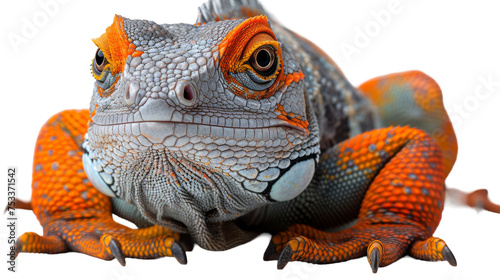 Striking front portrait of a chameleon with intense orange eyes and scaly texture photo