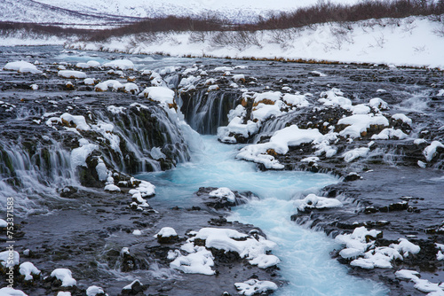 Bruarfoss waterfall in winter  a stand-out and a popular destination among travelers in the Southwest of Iceland.  