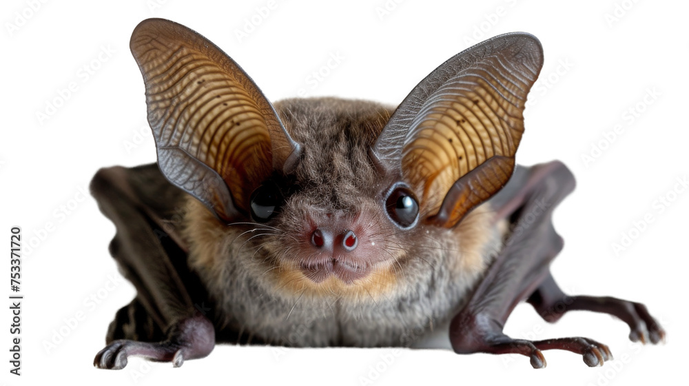 This image features a detailed close-up of a brown bat with large ears and glossy eyes, isolated on a white background
